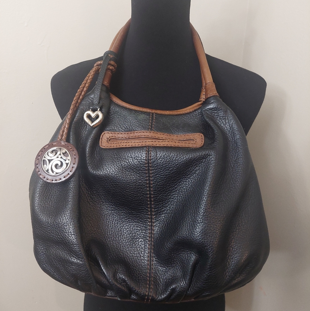 Brighton Tatum Black Leather Hobo Satchel Brown Handle Pebbled Leather